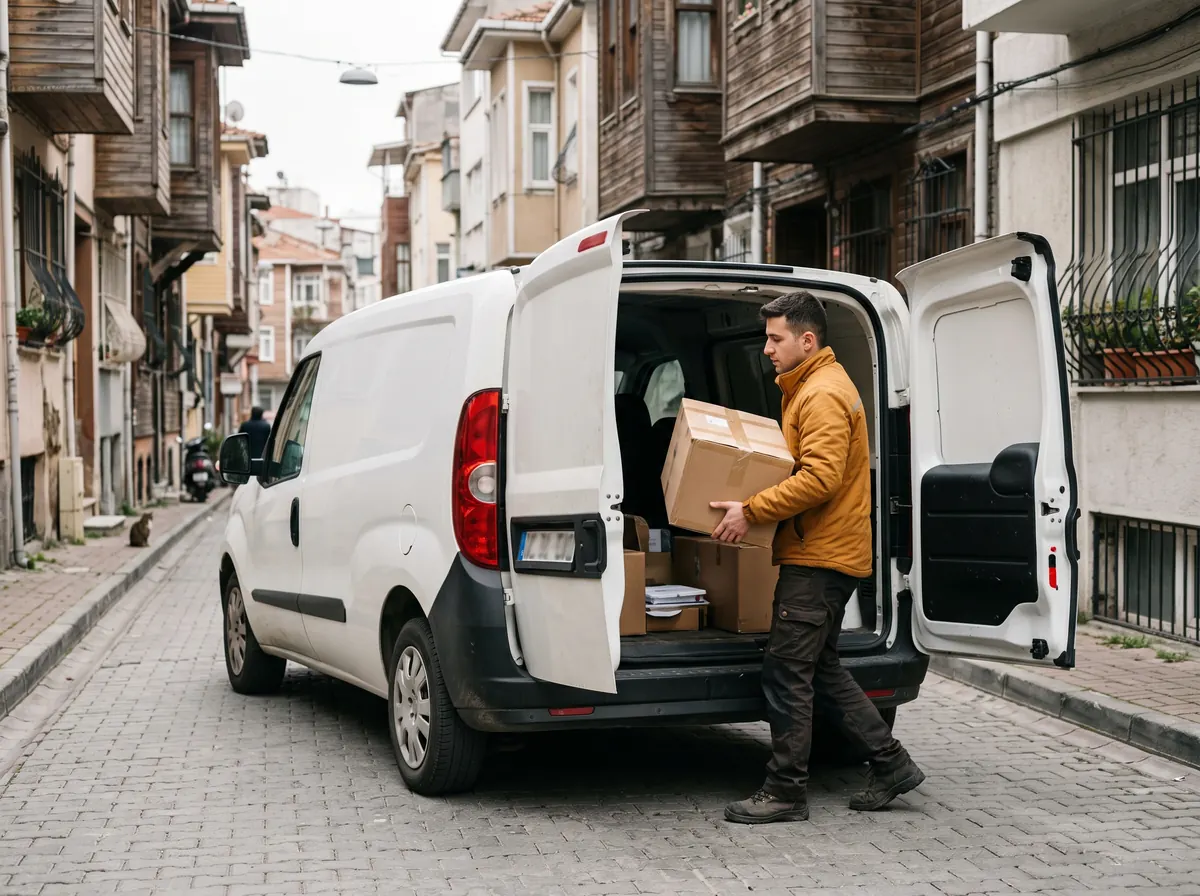 Araçlı kurye panelvandan koli indiriyor