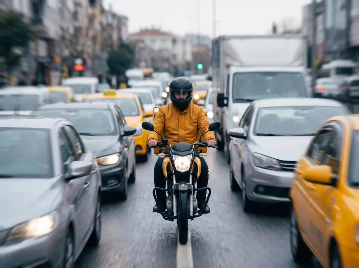Kurye trafiğin arasından ilerliyor