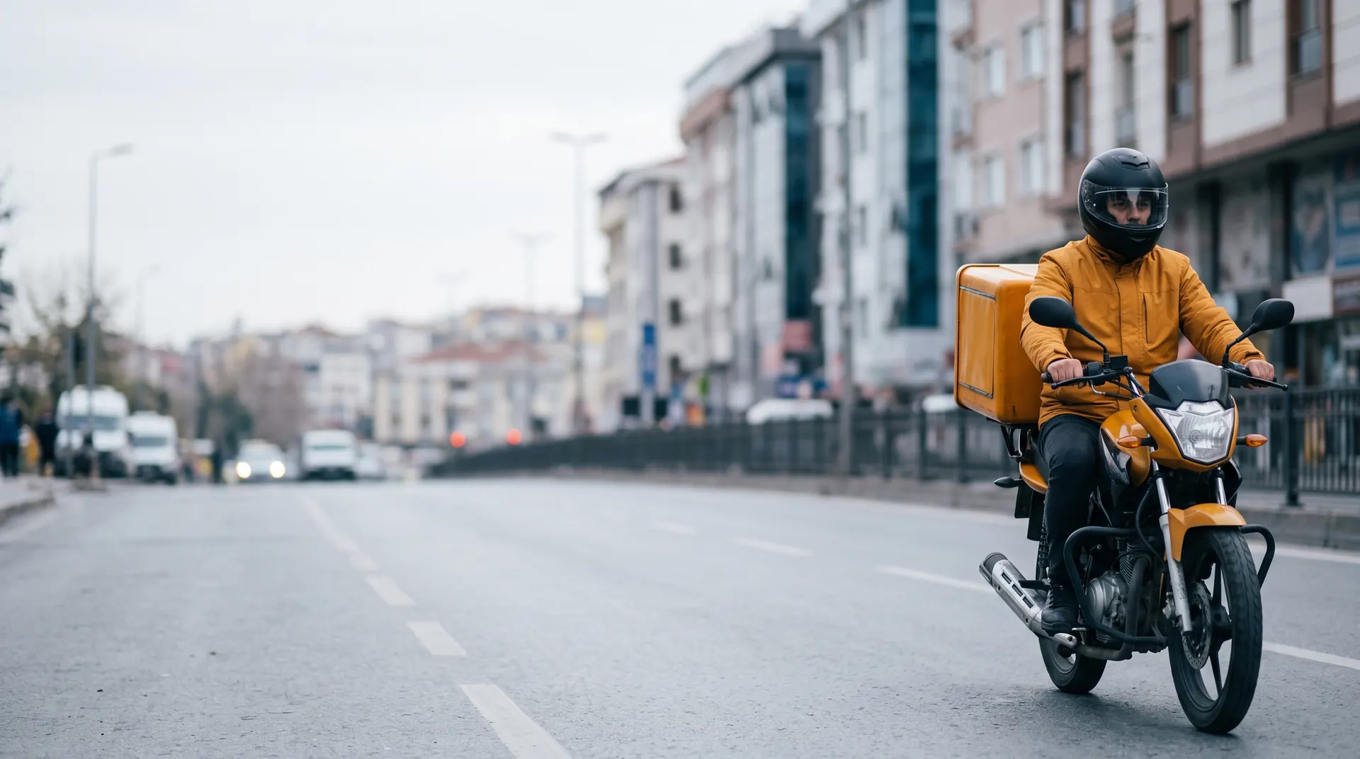 İstanbul'da yolda ilerleyen Mekik Kurye motosikleti